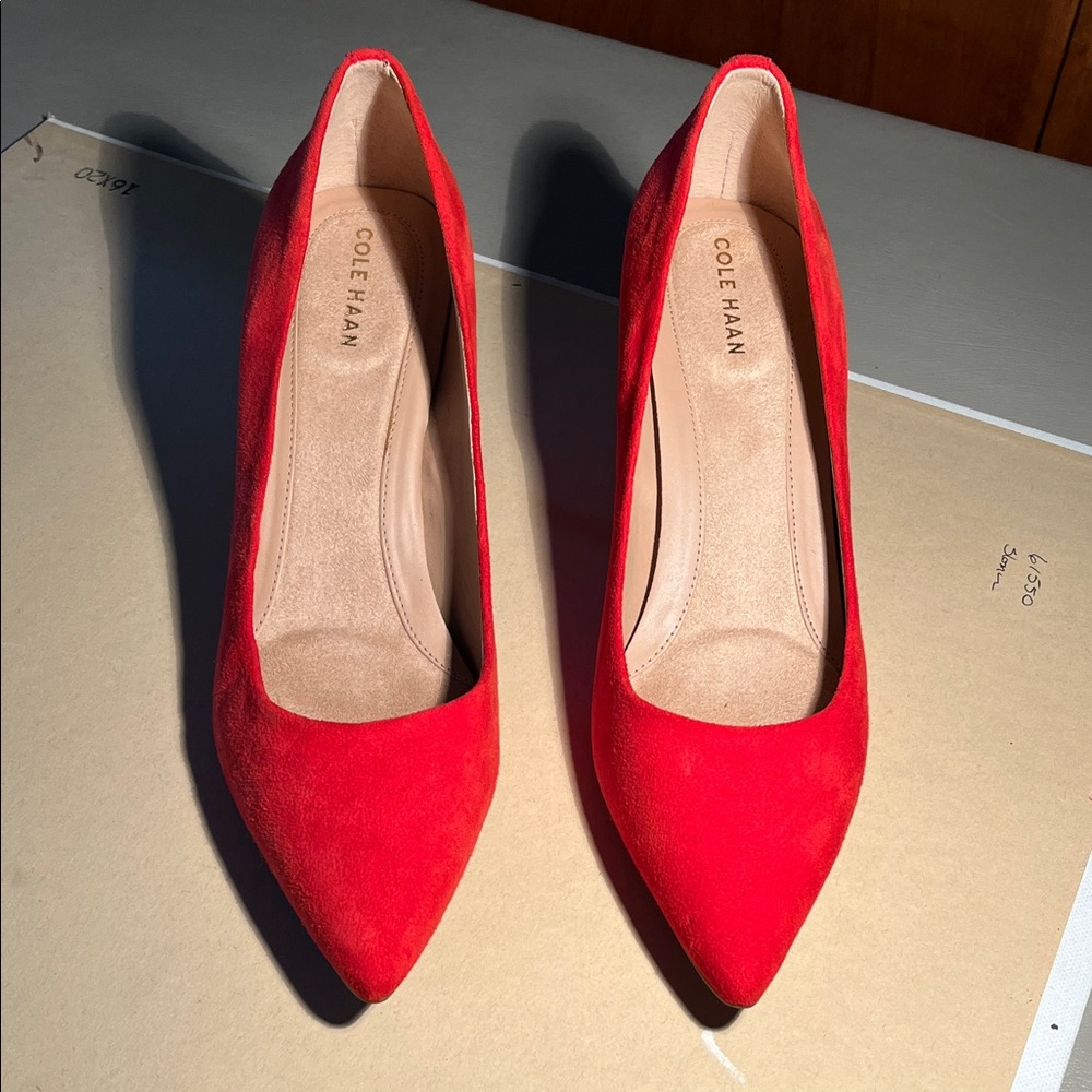Elegant Red Suede Heels by Cole Haan in size 8 1/2 B. Like new condition.